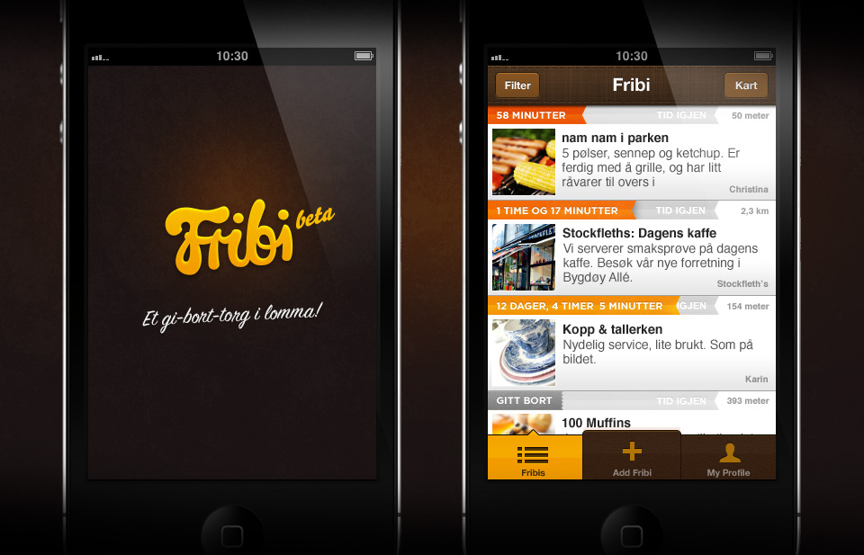 Fribi App front screen and item screen