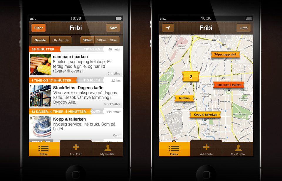 Fribi App list view and map view